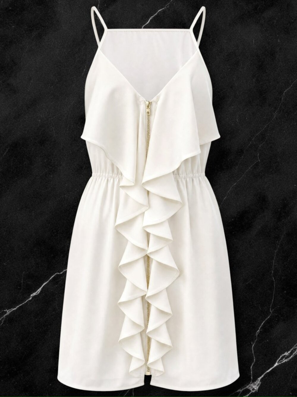 ALYA Full Zip Ruffle Accent White Sleeveless Mini‎ Dress M